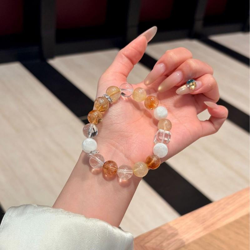Natural Gold Rutilated Quartz Yellow Tower Crystal Snow Phantom White Beaded Bracelet Women
