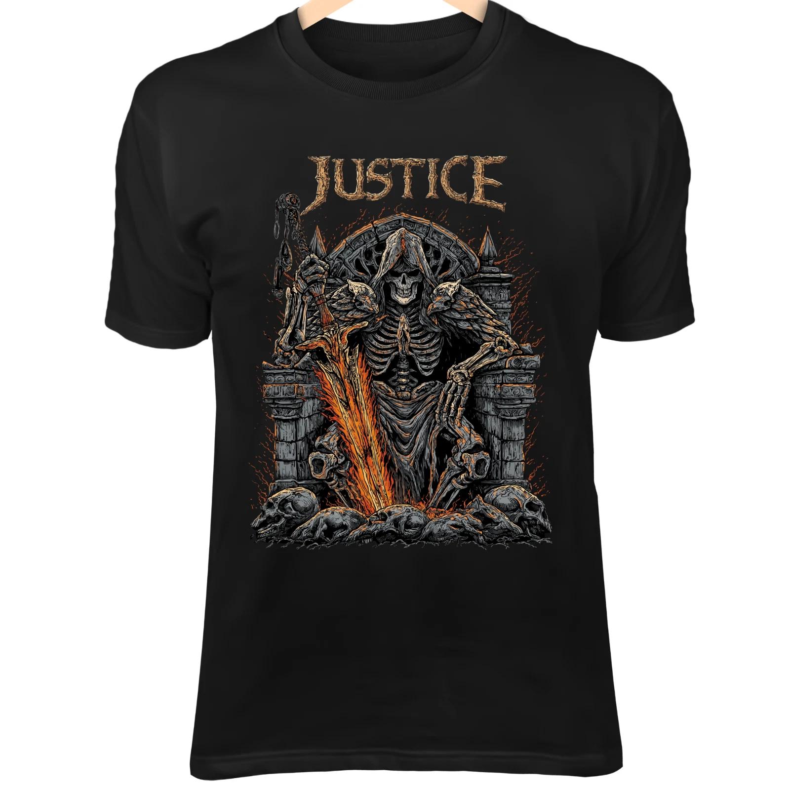Skull Tarot Shirt - Justice Skeleton with Flaming Sword and Cracked Scales S