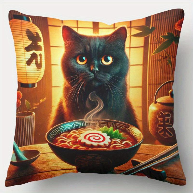 Pc D Flat (Pillow Not Included) Black Cat Ramen Bowl Japanese Style Cushion Cover Short Plush Foodie Pet LoverDecor PillowCase