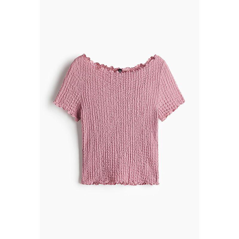 

HM Women s T-shirt 2025 Autumn New Arrival Wave Style Wear off-Shoulder Silm Wrinkle Short Sleeve Tops 1273062 Gray pink 165/96