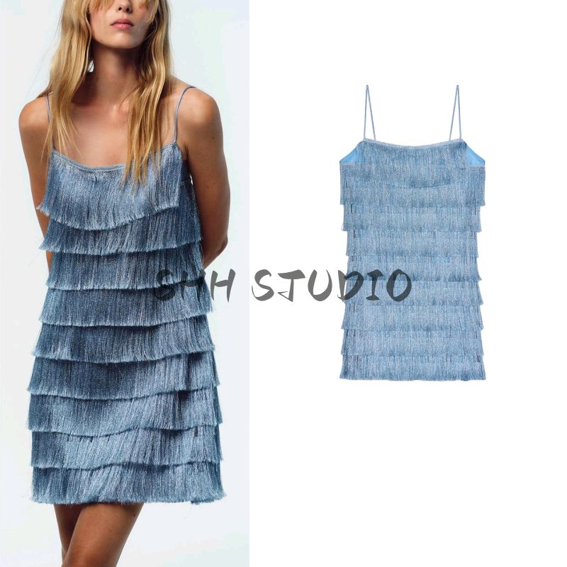 Autumn New Women's Clothing French Sexy Wind Tassel Straight-leg Collar Spaghetti Strap Short Dress 8351046