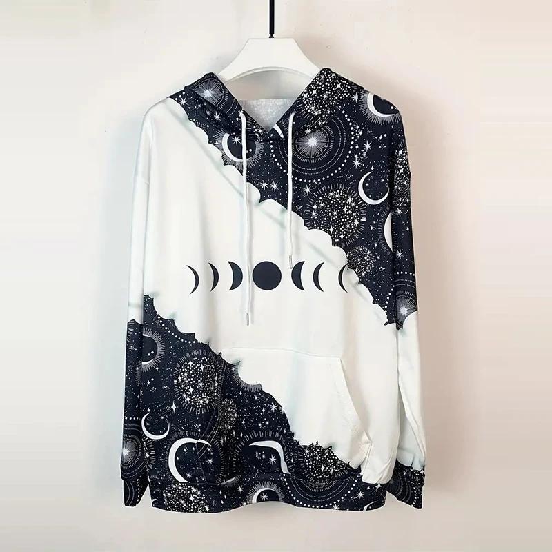 Felpa con cappuccio con coulisse e stampa luna casual a maniche lunghe Abbigliamento da donna