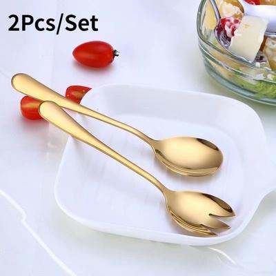 Set da 2 pezzi in acciaio inossidabile, cucchiaio e forchetta per insalata di frutta, set di posate occidentali in oro spesso mentale di alta qualità