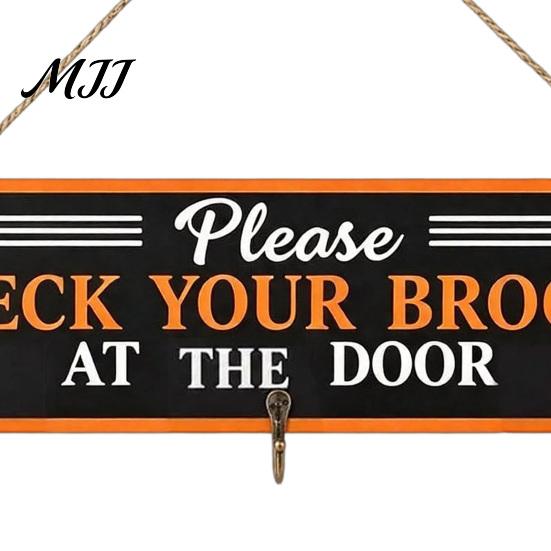 Unique Holiday Wall Art Halloween Broom Parking Sign, Check Your Brooms Wooden Hanging Sign Witch Decor with Hooks for Indoor Outdoor Front Porch Home