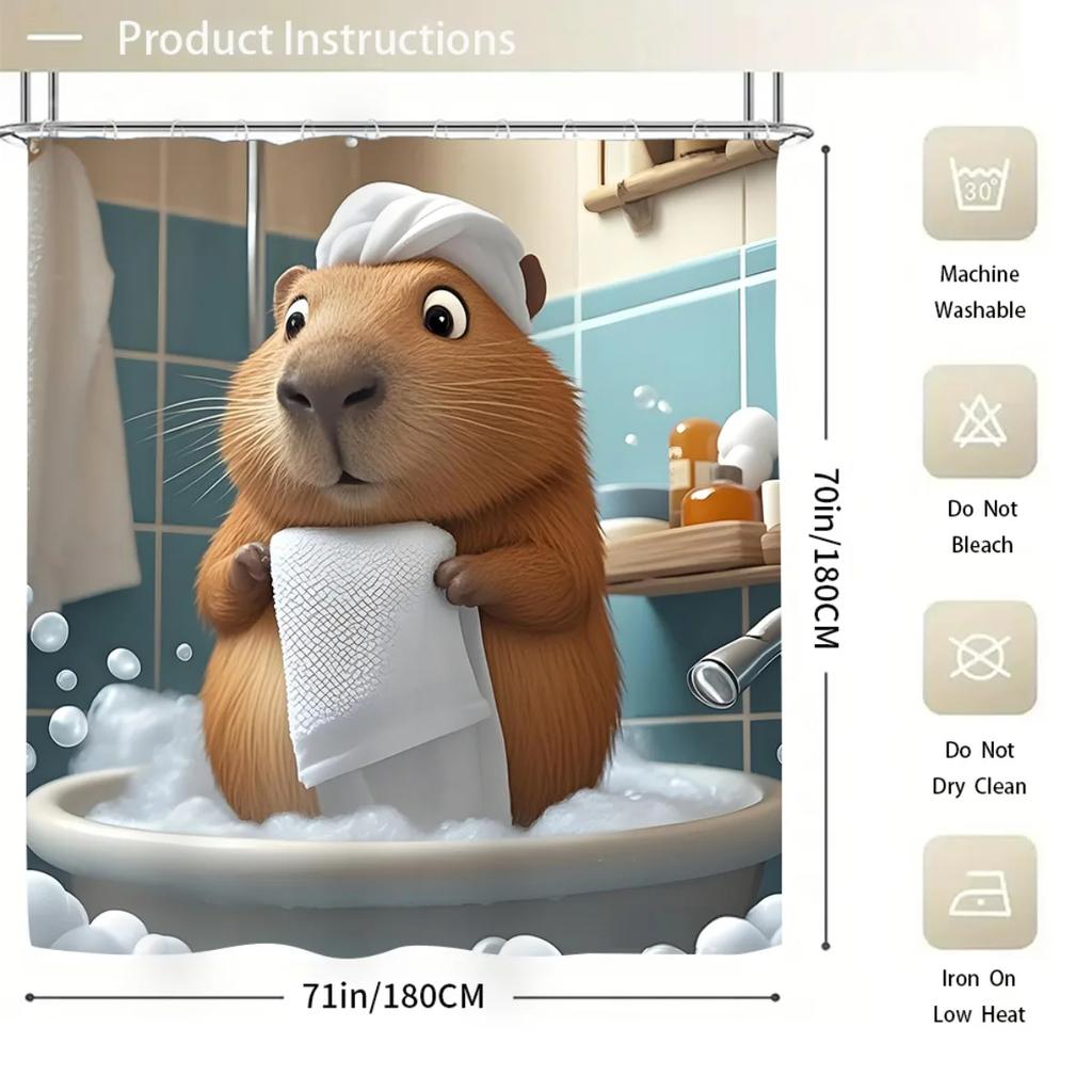 4-teiliges Cartoon-Niedliches und Lustiges Capybara Eichhörnchen Badezimmer-Set - 2D FLACHER Duschvorhang und Rutschfeste Badematten für Badezimmerdekor Exquisit