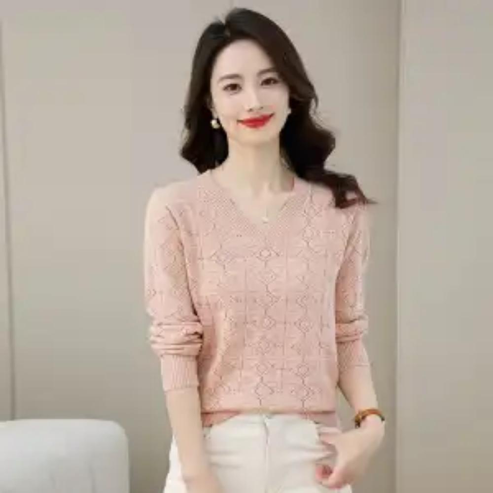 

Жіночий одяг Корейська мода Ажурний трикотажний светр з V-подібним вирізом Осінь Зима Жіночі однотонні вільні топи з довгим рукавом Елегантні джемпери XXL рожевий