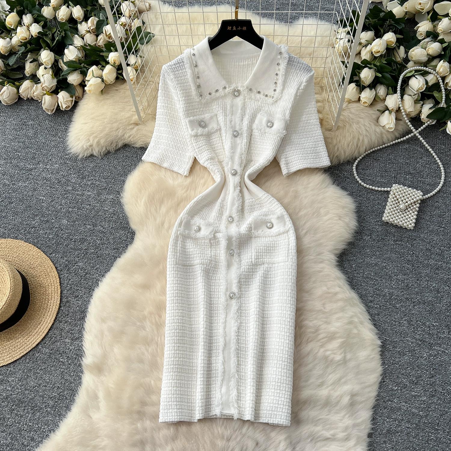 

Летние женские отложной воротник с коротким рукавом, роскошные бисероплетение, ромбы, вязаный свитер, офисные платья-карандаш One Size белый