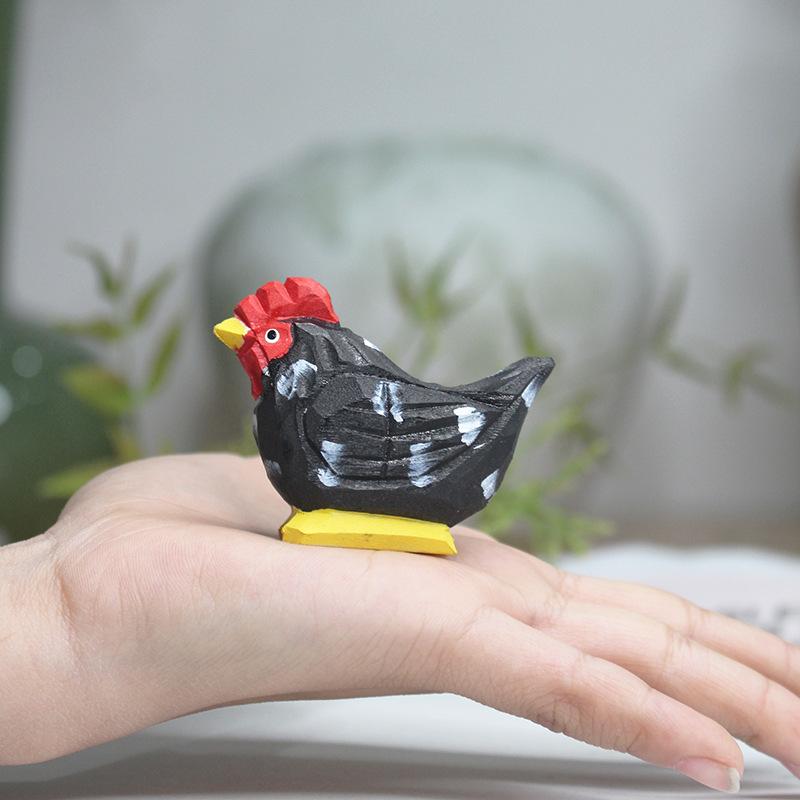 Wooden Small Reed Flower Rooster Figurine Cute Miniature Zodiac Chicken Figures Book Nook Ornament Cartoon Animal Wooden Gift