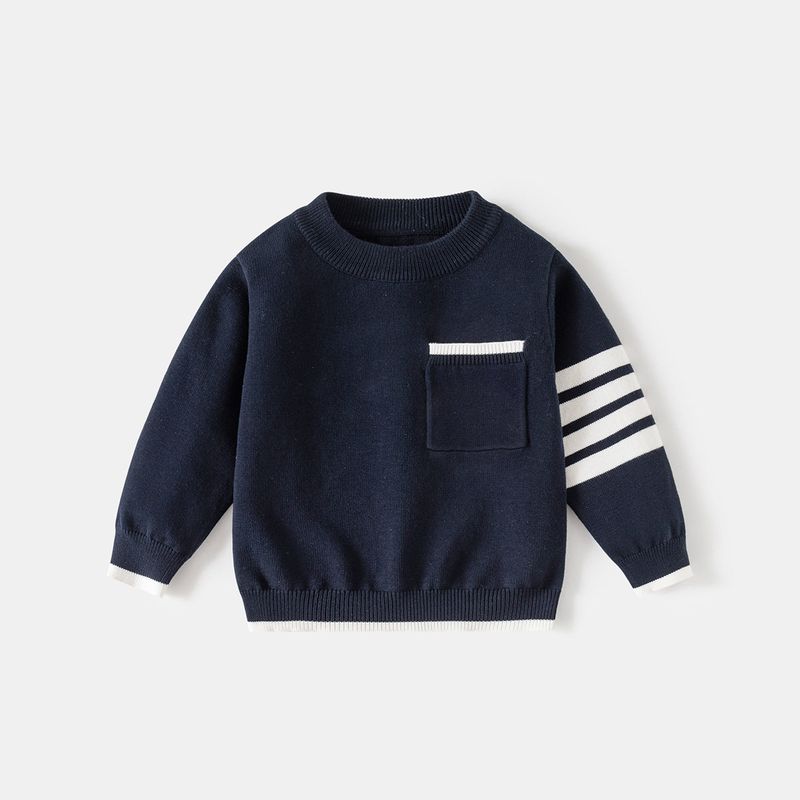 Boys' Classic Striped Crew Neck Sweater, Color-Blocked Small Pocket Knit Top for Toddlers and Young Children, Spring and Autumn Pullover for Kids