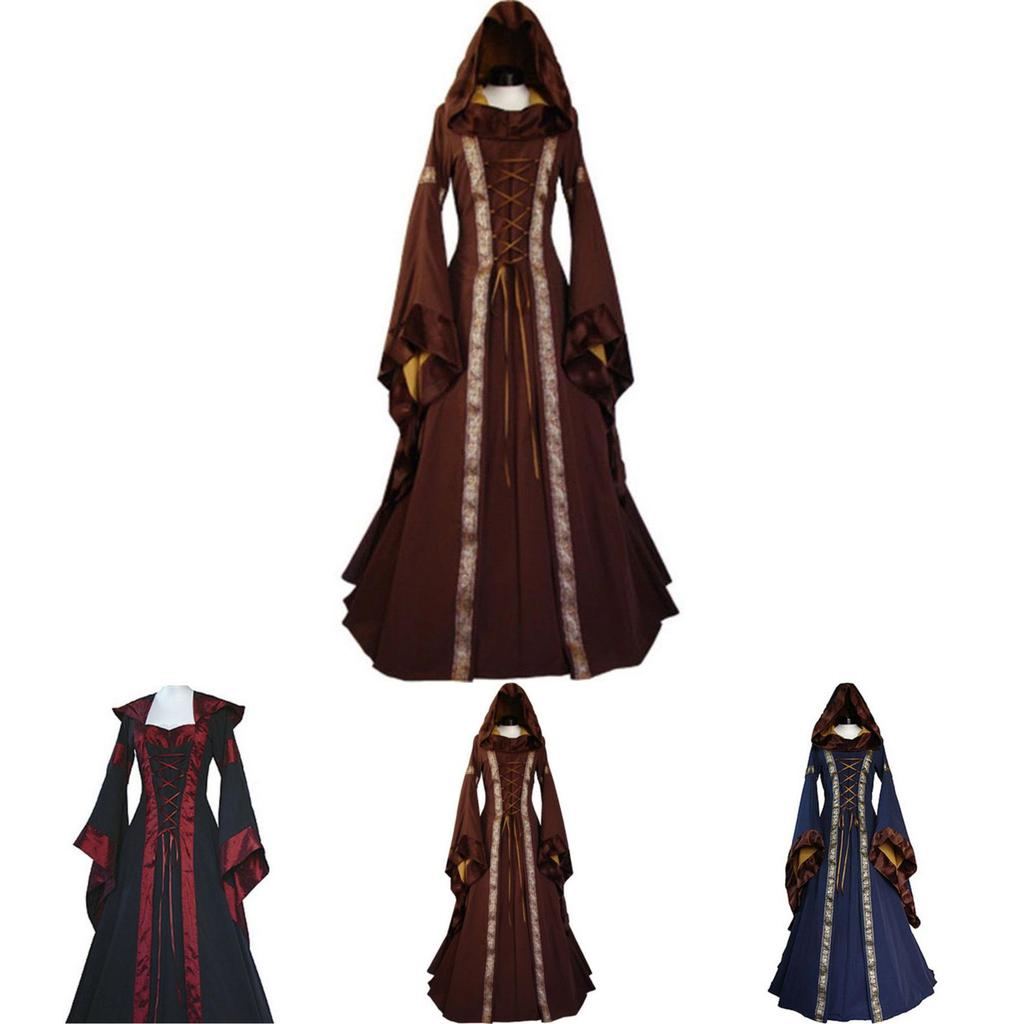 Women's Vintage Gothic Medieval Dress Costume Retro Hooded Victorian Renaissance Dress
