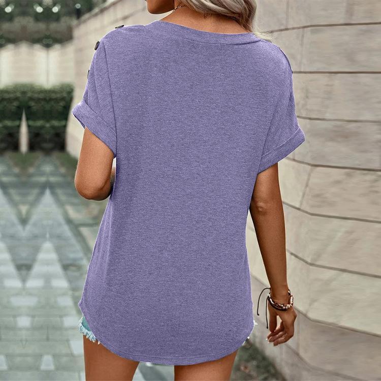 Summer Cotton Tops Women Blouses Casual V-Neck Solid Button Street Hipster Short Sleeve Shirts Clothes