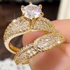 Huitan Gold Color Luxury 2Pcs/Set Rings With Shing Cubic Zirconia For Women Wedding Party Engagement Fancy Accessories Zircon