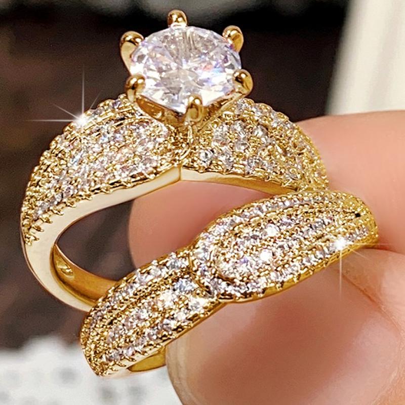 Huitan Gold Color Luxury 2Pcs/Set Rings With Shing Cubic Zirconia For Women Wedding Party Engagement Fancy Accessories Zircon