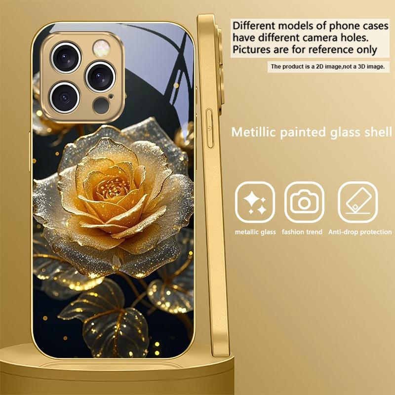 Elegant golden rose For IPhone 17Pro Max 16 17 Pro 15 Pro 14 13 Plus 12 Mini 11Pro Max XR 16E 17 Air Golden glass phone case