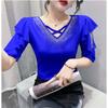 New Summer European Clothes Women's T-Shirt Fashion Sexy V-Neck Shiny Diamonds Tops Chic Hollow Out Short Sleeve All Match Tees
