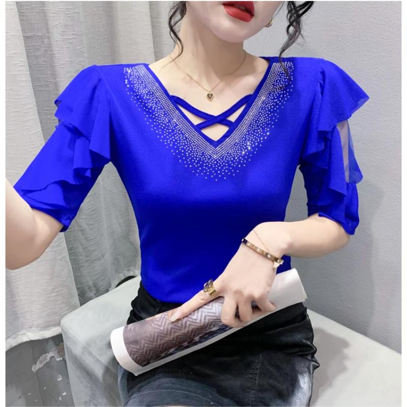 New Summer European Clothes Women's T-Shirt Fashion Sexy V-Neck Shiny Diamonds Tops Chic Hollow Out Short Sleeve All Match Tees