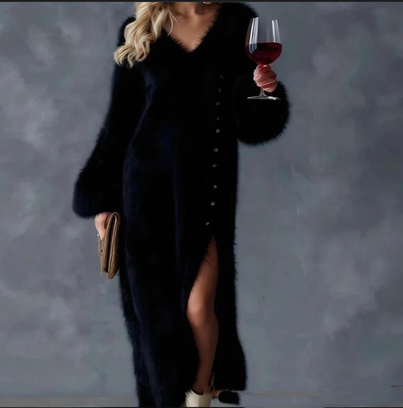 

2026 Autumn And Winter V-neck Loose Lazy Style Button Decoration Slit Dress Temperament XXXL