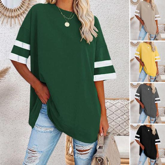 

Женская футболка с круглым вырезом и коротким рукавом, свободная футболка контрастного цвета, пуловер, топы, одежда для летних каникул и вечеринок