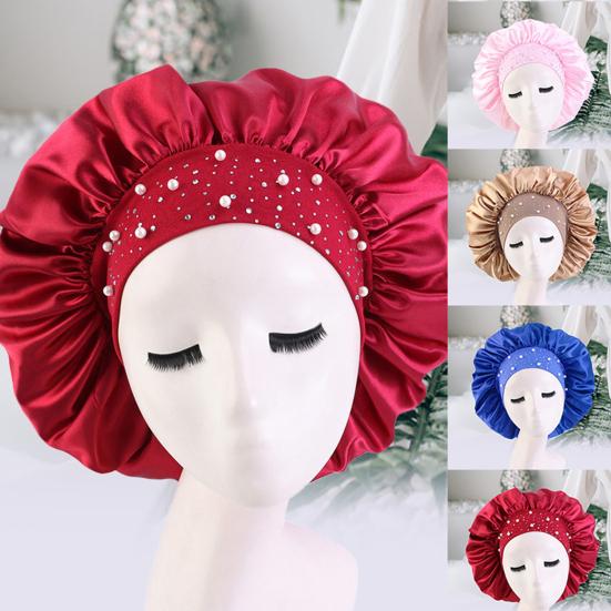 Women Bonnet Cap Solid Color Faux Pearls Rhinestone Elastic Band Bouffant Hat for Hair Salon