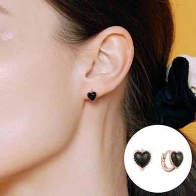 [Rosemont] Silver Black Heart Earrings Rc24B07J