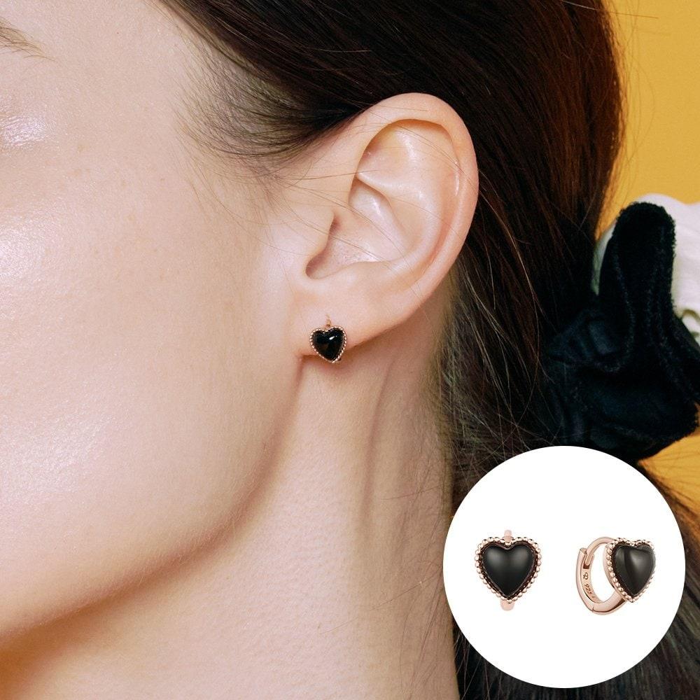 [Rosemont] Silver Black Heart Earrings Rc24B07J