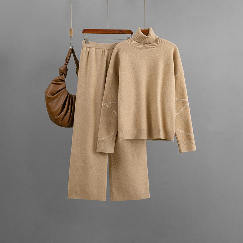 Fashion Set Women's Autumn And Winter High Neck Loose Sweater Casual Wide Leg Pants Two-piece Set