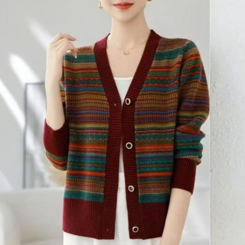 Spring New Word Collar Contrasting Color Buckle Loose Color Bar Fashion Casual Knitted Jacket Cardigan Sweater Women