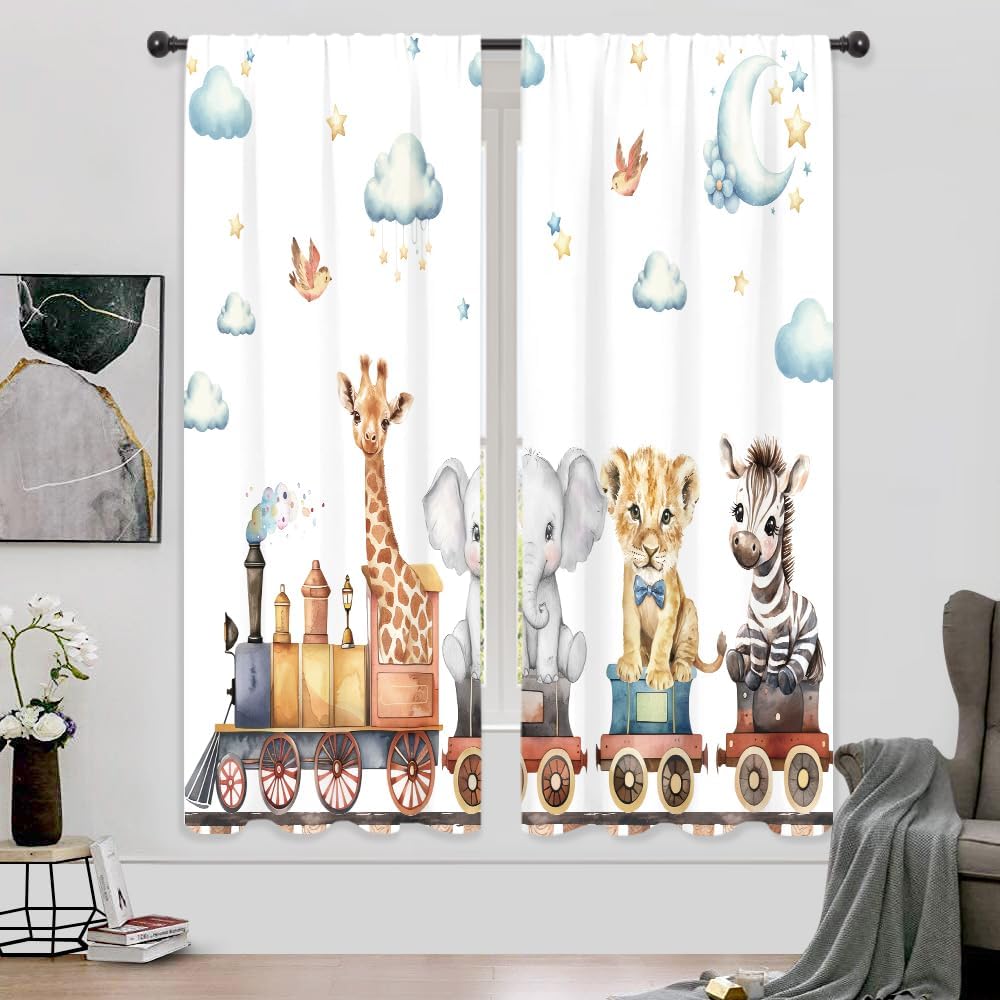 

Kids Child Curtains Cute Cartoon Animal Woodland Jungle Adventure Wild Train Wildlife Rod Pocket Lion Elephant Stars Bedroom 53x116CM-2PC