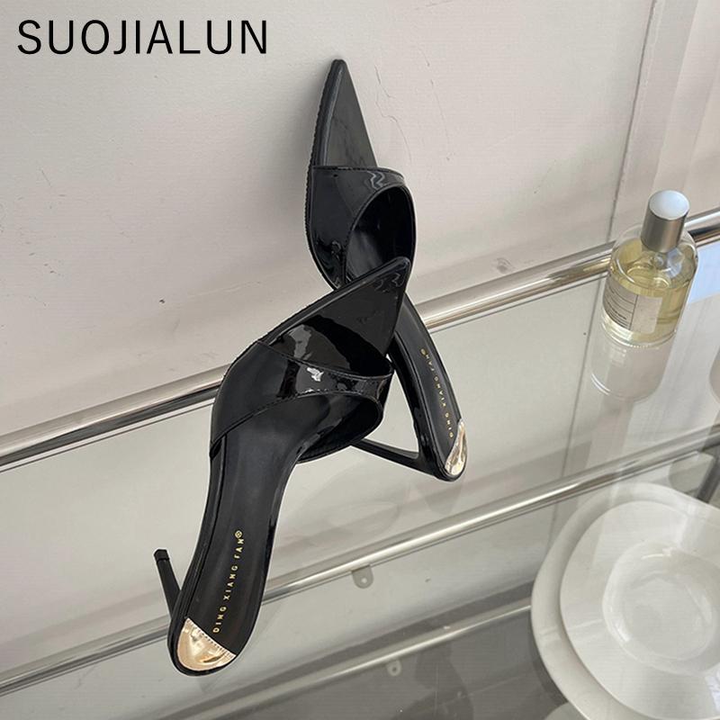 Fashion SUOJIALUN 2025 Summer New Brand Women Slides Fashion Pointed Toe Slip On Ladies Sexy Slipper Thin High Heel Dress Pumps Sandal