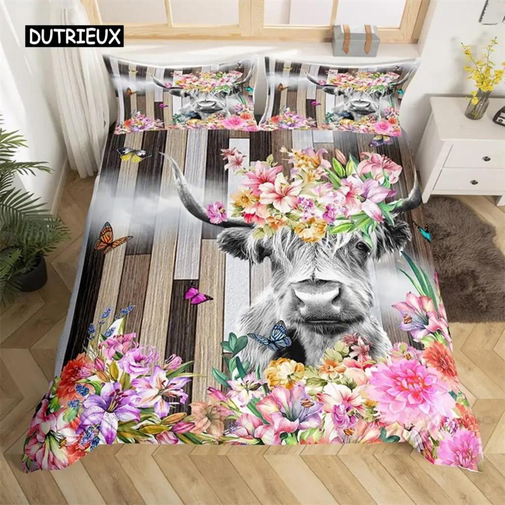 Highland İnek Yatak Takımı Polyester Boğa Sığır Çiçekleri Yorgan Kılıfı Batı Vahşi Hayvan Yorgan Kılıfı Çiftlik Evi İnek Yatak Örtüsü Kılıfı
