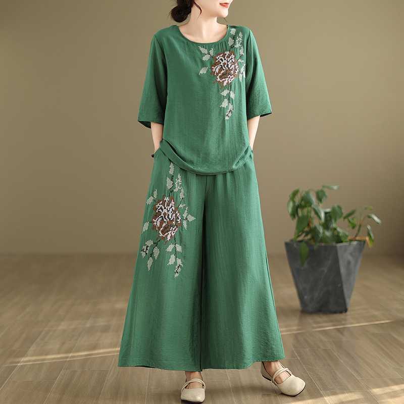 Summer Linen Casual Shirt and Pants Set for Women Retro Light Thin Embroidered Ramie Top Trousers Loose Outfits