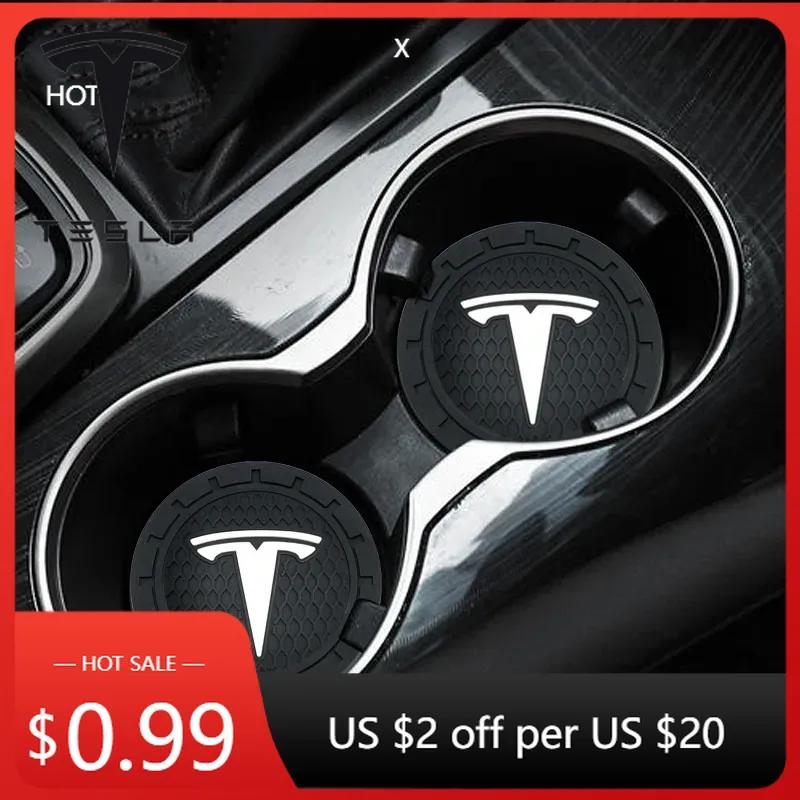 Car Sticker 2025 New Tesla 2pcs PVC Non-slip Car Water Cup Pad Holder Coaster for Tesla Logo Model 3 Model Y Model X SpaceX Auto