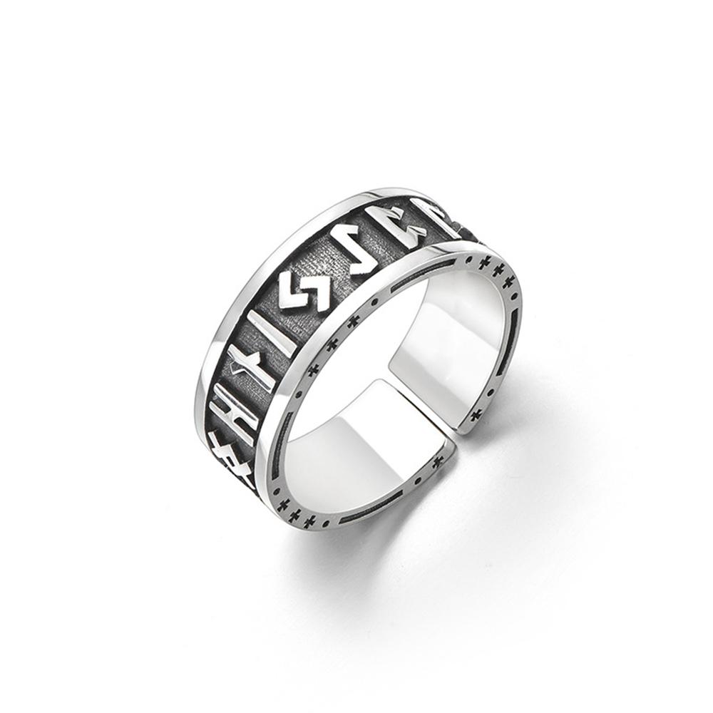 Retro Norse Futhark Vikings Runes Opening Ring Antique Silver Color Jewelry for Men Women Scandinavian Amulet