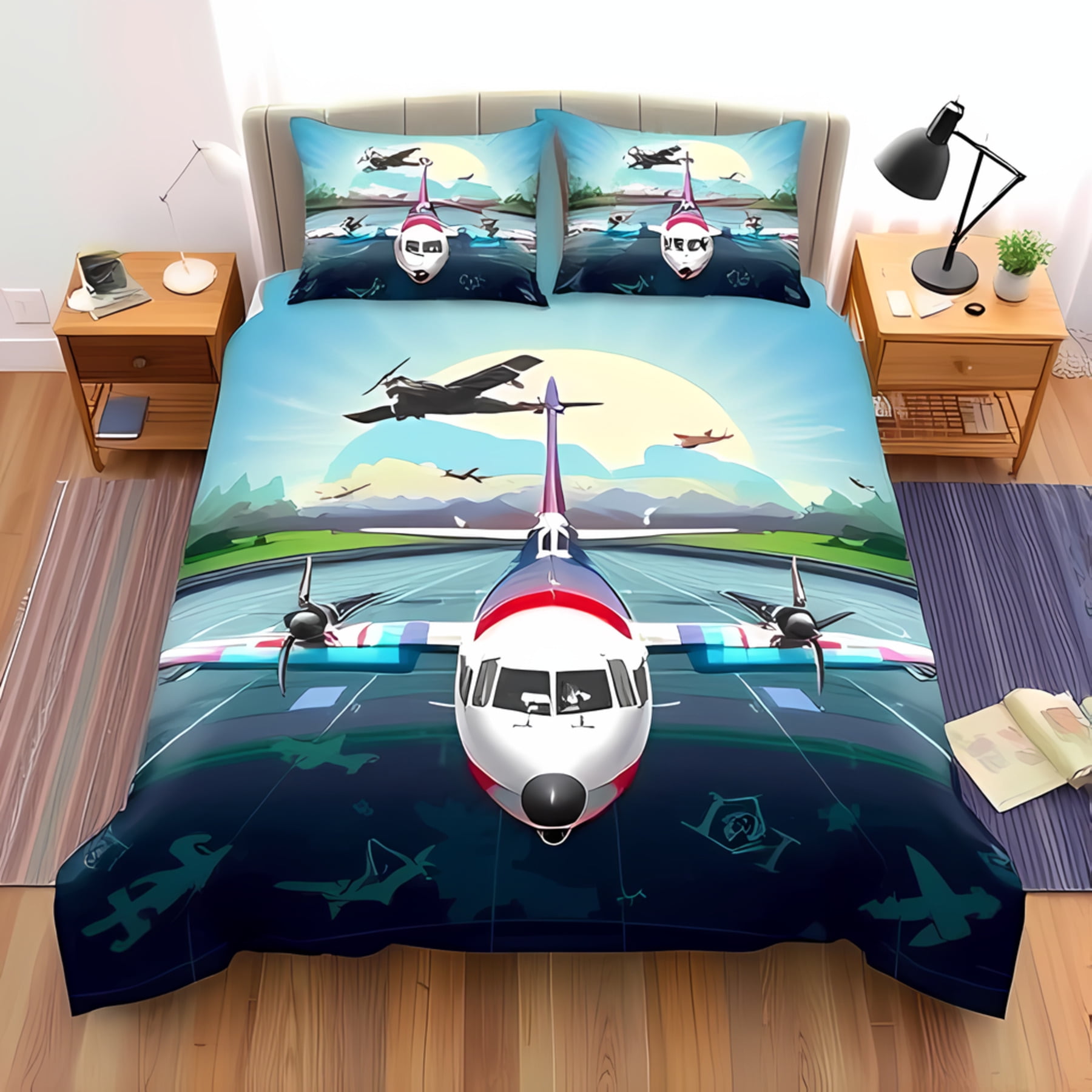 

Light Blue Soft Duvet Cover Set featuring Airplane Design Let The Adventure Begin Perfect for Travel Love Children Kids plus Adult Peoples Soft 120*200cm Single
