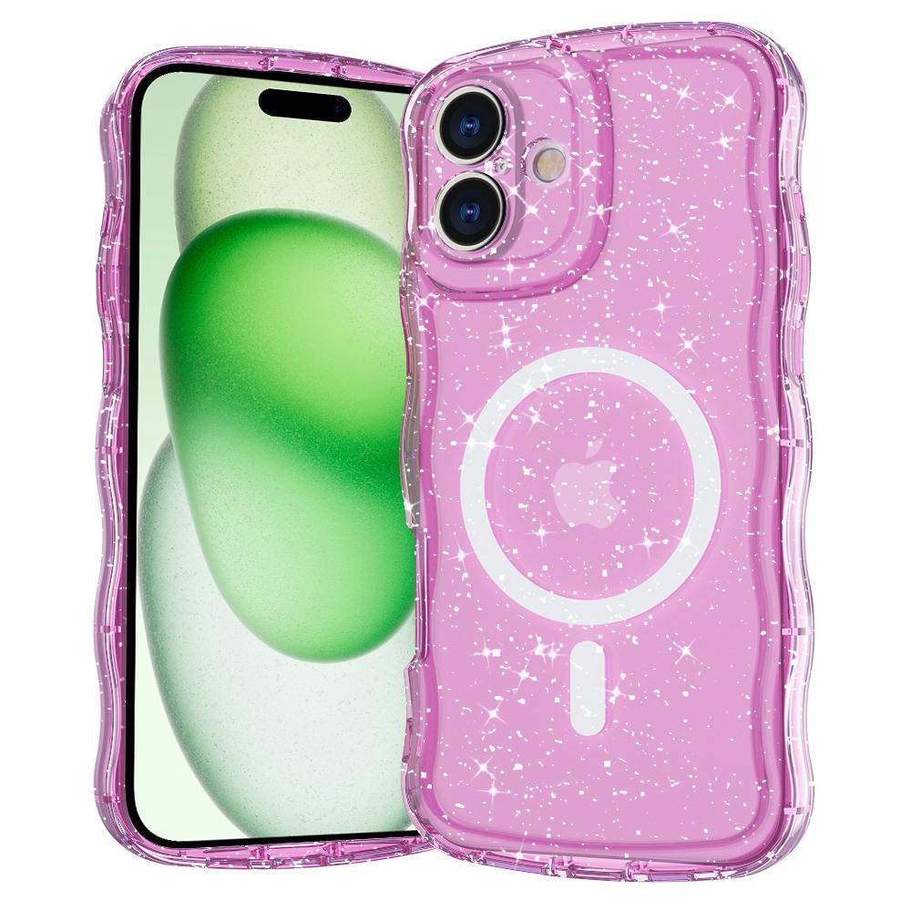 For iPhone 16 Magnetic Case Wave Edge Glitter TPU Phone Back Cover