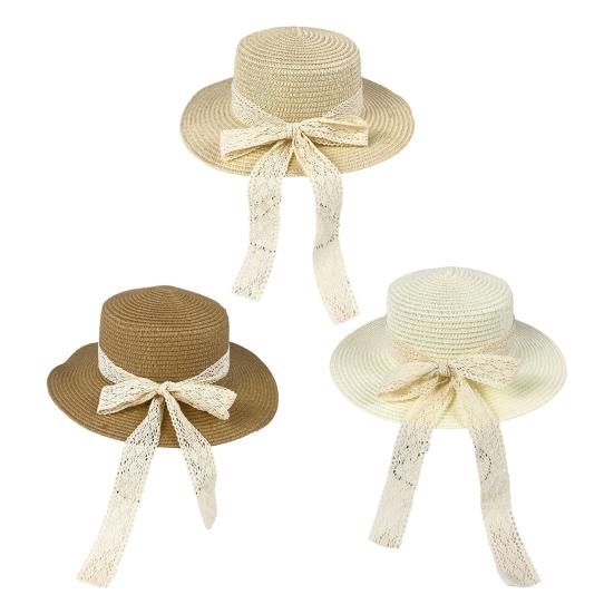 Sun Hat Lace Bow Decor Flat Top Wide Brim Straw Hat Hand-Woven Sunproof Windproof Summer Beach Picnic Basin Hat
