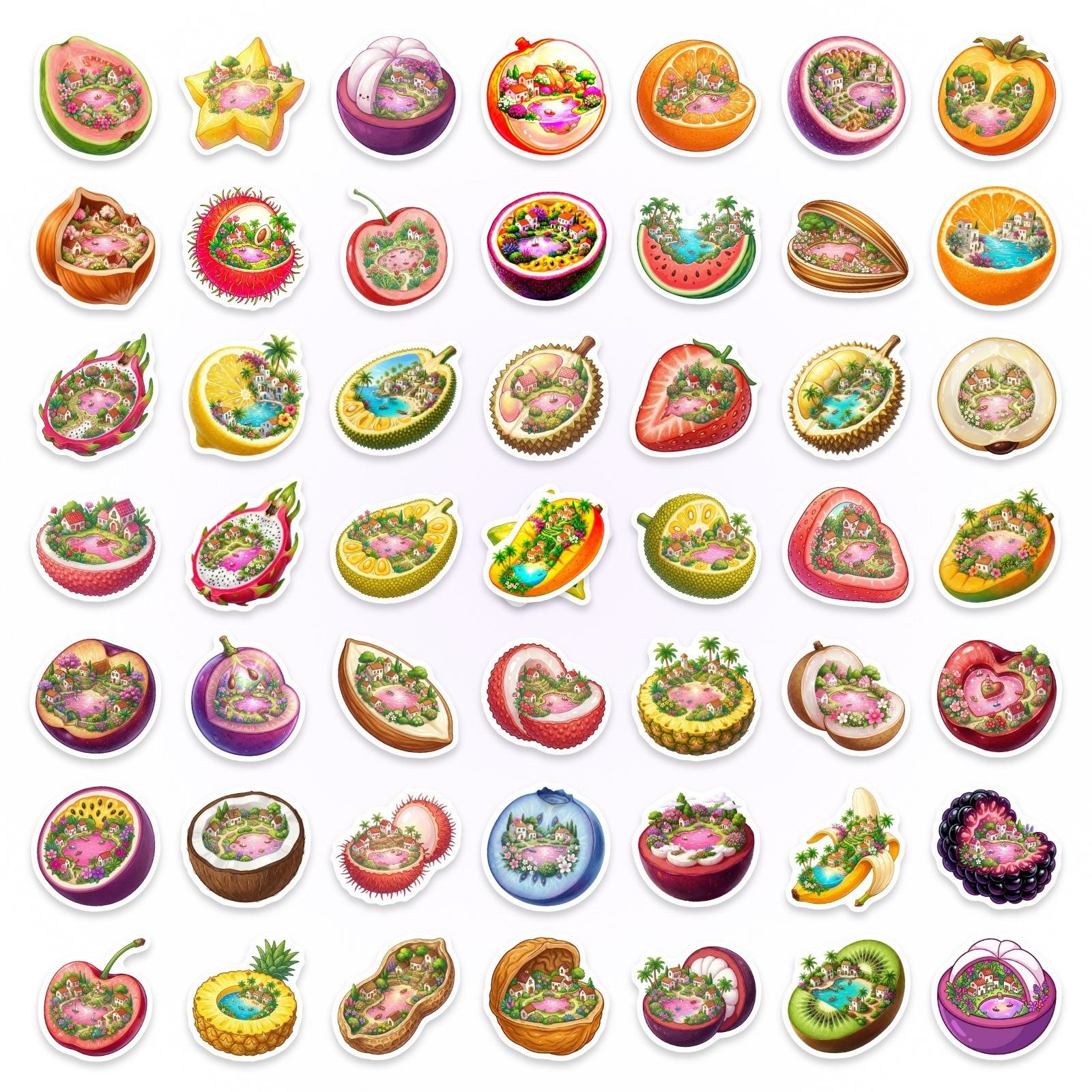 

50 Fun Fantasy Fruit Secret Stickers Creative Tropical Fruit Hidden Landscape Hand Account Decoration Waterproof Stickers