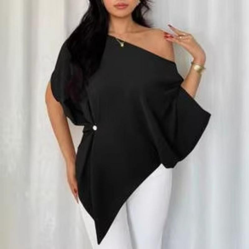 Spring and Summer New Slanted Shoulder Shirt for Women, Light Luxury Design, Loose Slimming Top T-shirt