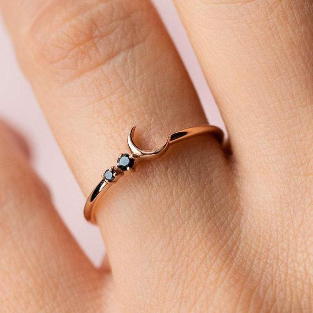 Vintage Onyx Half Moon Wedding Ring Crescent Design Engagement Jewelry Minimalist 14k Solid Gold Plated Silver Ring
