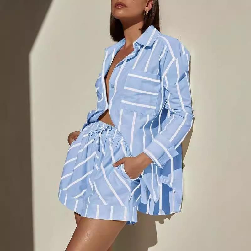 2025 European and American Women Fashion Casual Stripe Contrast Color Patchwork Print Cardigan Shirts Shorts Set