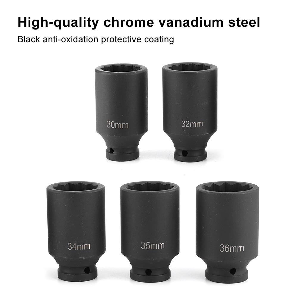 Zestawy 5 szt. nasadek 12-kątnych do nakrętek piast osi, głębokie, udarowe, metryczne, na klucz zapadkowy 1/2 cala