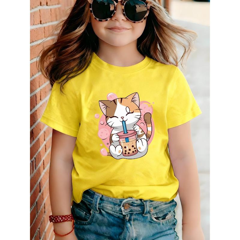 Mädchen Katze trinkt Boba Tee Aufdruck Rundhals Kurzarm T-Shirt