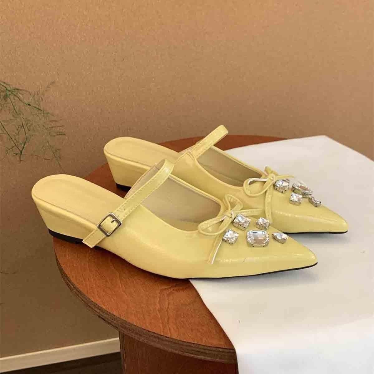 

French beautiful bow baotou half slippers women s summer wear pointed muller shoes rhinestone sandals wedge heel single shoes 35