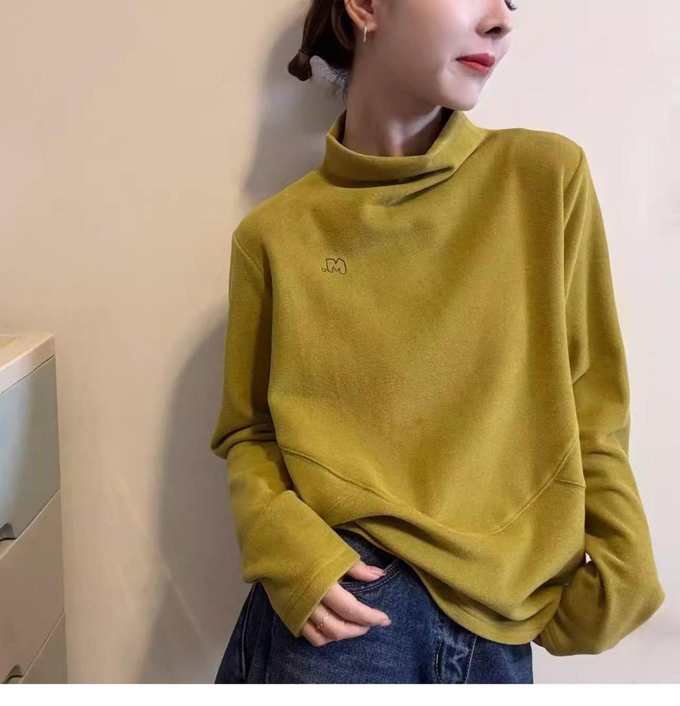 Women's Designer Long-Sleeve Fleece T-Shirt: Stylish, Versatile, Half-High Collar with High-End Embroidery