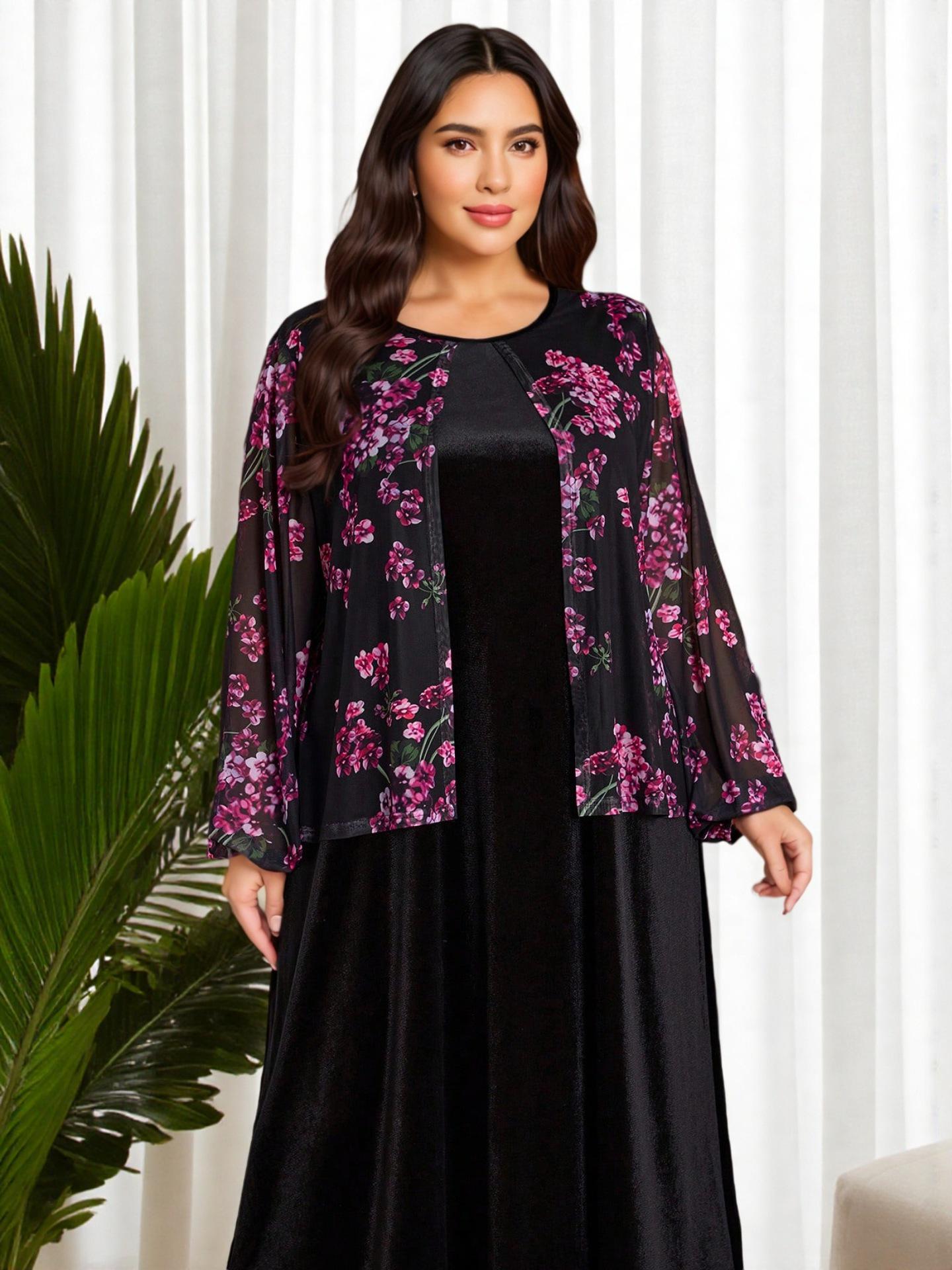 Dubai Islamic Plus Size Long Sleeve Knit Casual Dress with Round Neck and Umbrella Hem 3XL чёрный