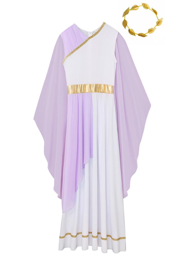 Frauen Halloween Antikes Rom Ägypten Griechische Toga Kostüm Ärmellose Schals Patchwork Robe Kleid mit Kopfbedeckung