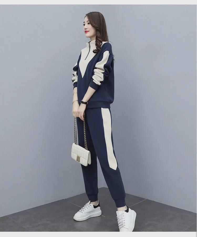 Women's Thick Velvet Korean Style Sports Suit - Warm & Slim, Long-Sleeve Sweatshirt & Harem Pants, Two-Piece Autumn/Winter Set