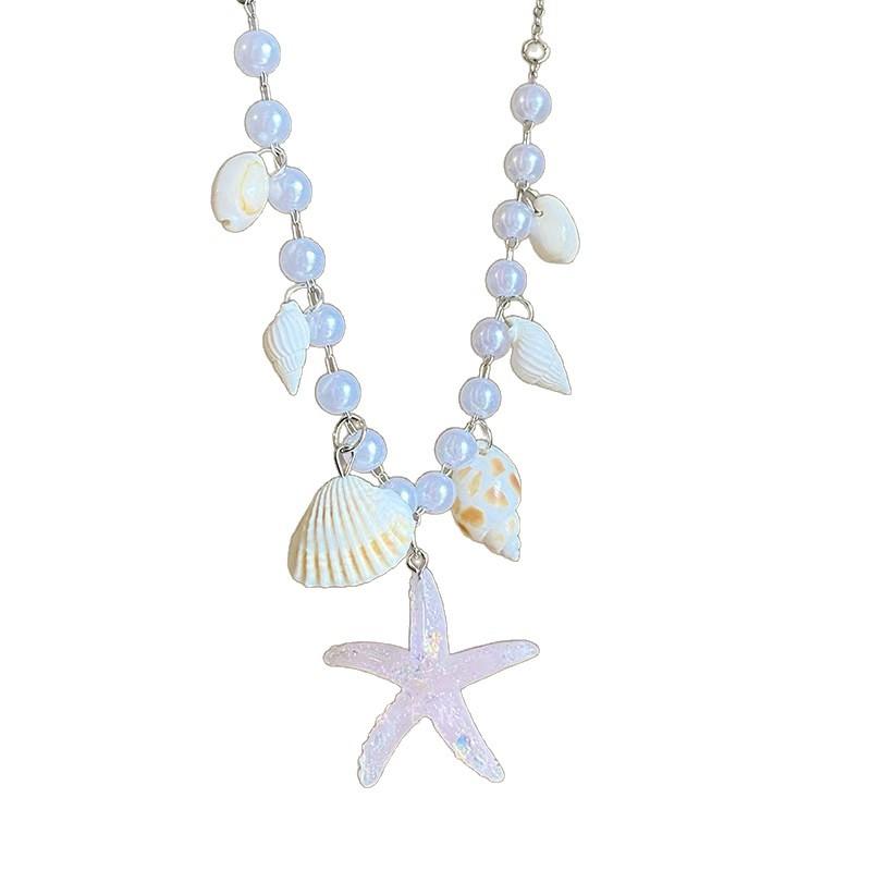 Summer starfish shell necklace niche design sense dopamine imitation pearl white collarbone chain seaside vacation photo