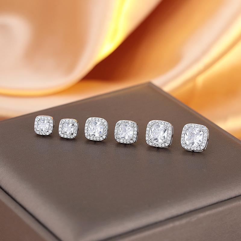S925 Silver American Square Zircon Stud Earrings Women's Trend Ins Men's Ruffian Handsome Niche European and American Hip-hop Full Diamond Earrings