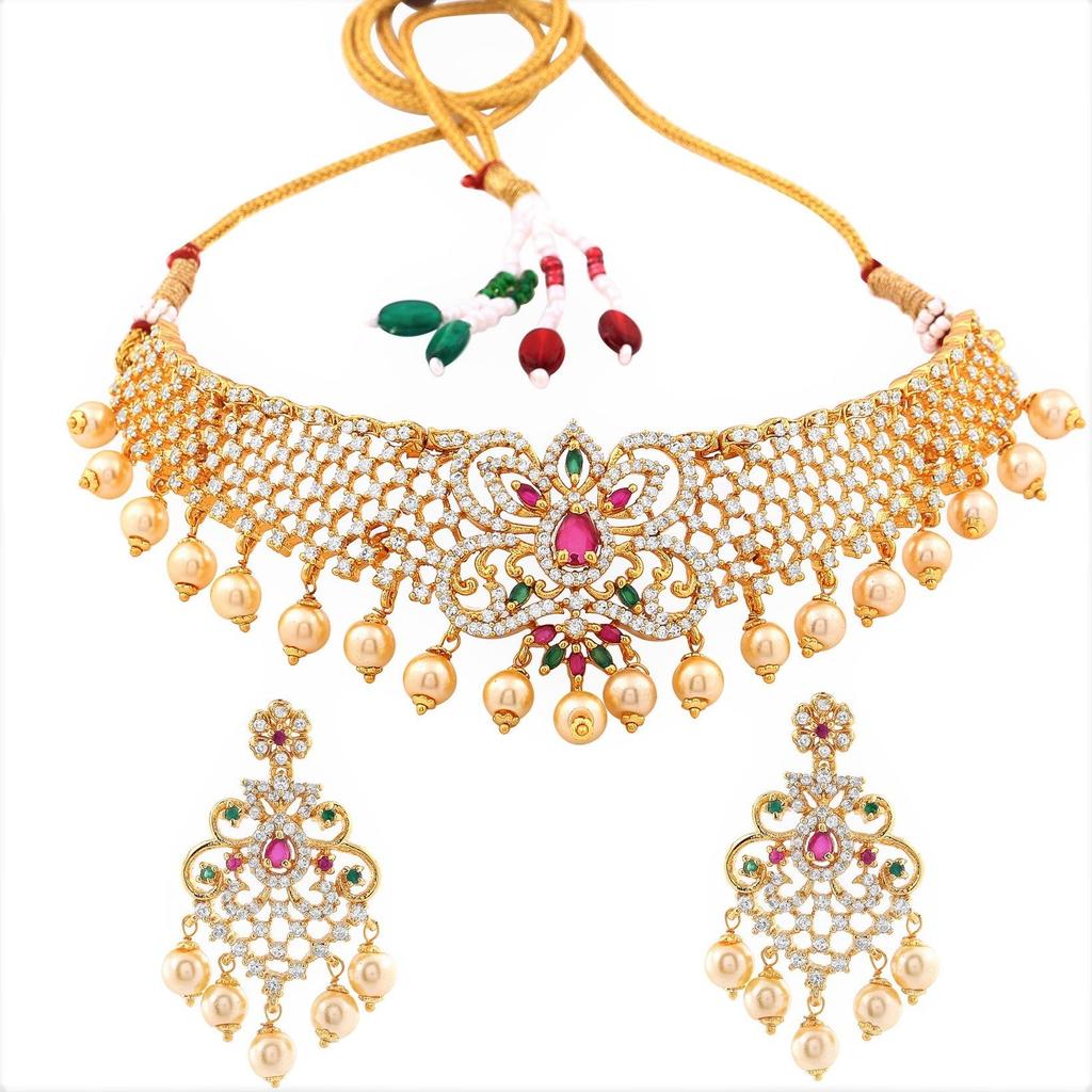Estelle Gold Plated Elegant Wedding Necklace Set with CZ, Colored Stones and Pearls